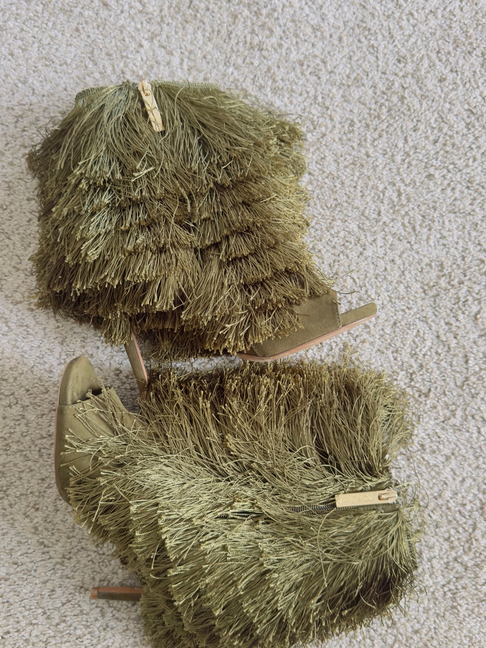 Olive Fringe Peep-Toe High Heel Booties - Women